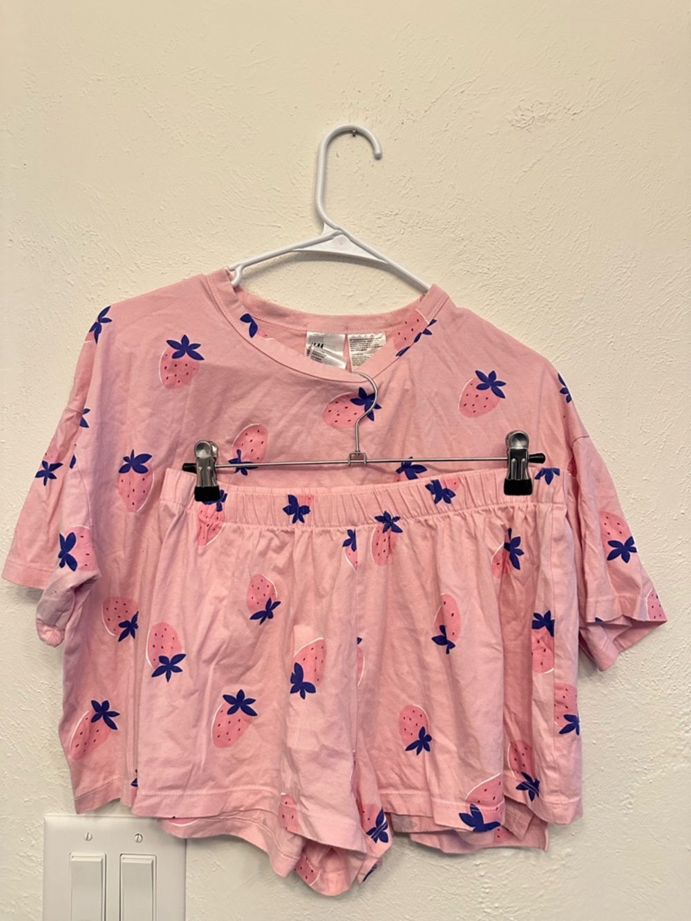 Womens Pink Strawberry Print Short Sleeve Tee/ shorts PJ set